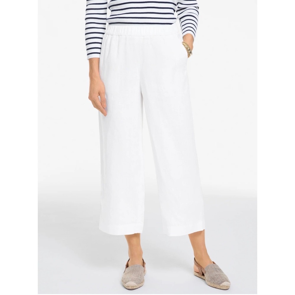 WHITE‎ LINEN PANTS Wide Leg Cropped Ankle Beach Lined Womens Medium Pull On